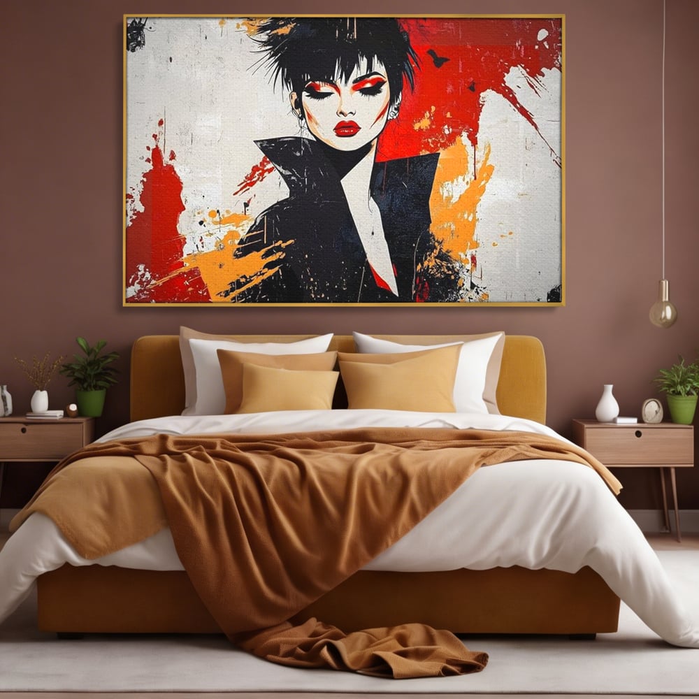 Tablou canvas cu ilustratie digitala cu portret de femeie in stil punk, in rama de aluminiu auriu, pe perete intr-un dormitor